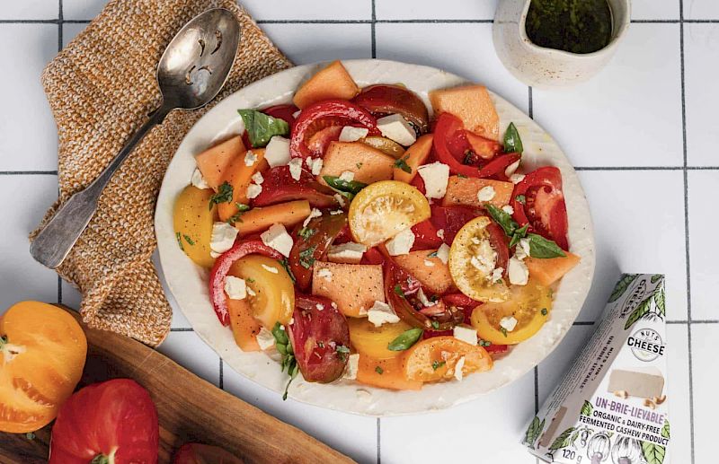 Nuts for Cheese Presents Heirloom Tomato Salad with Cantaloupe and 'Brie'